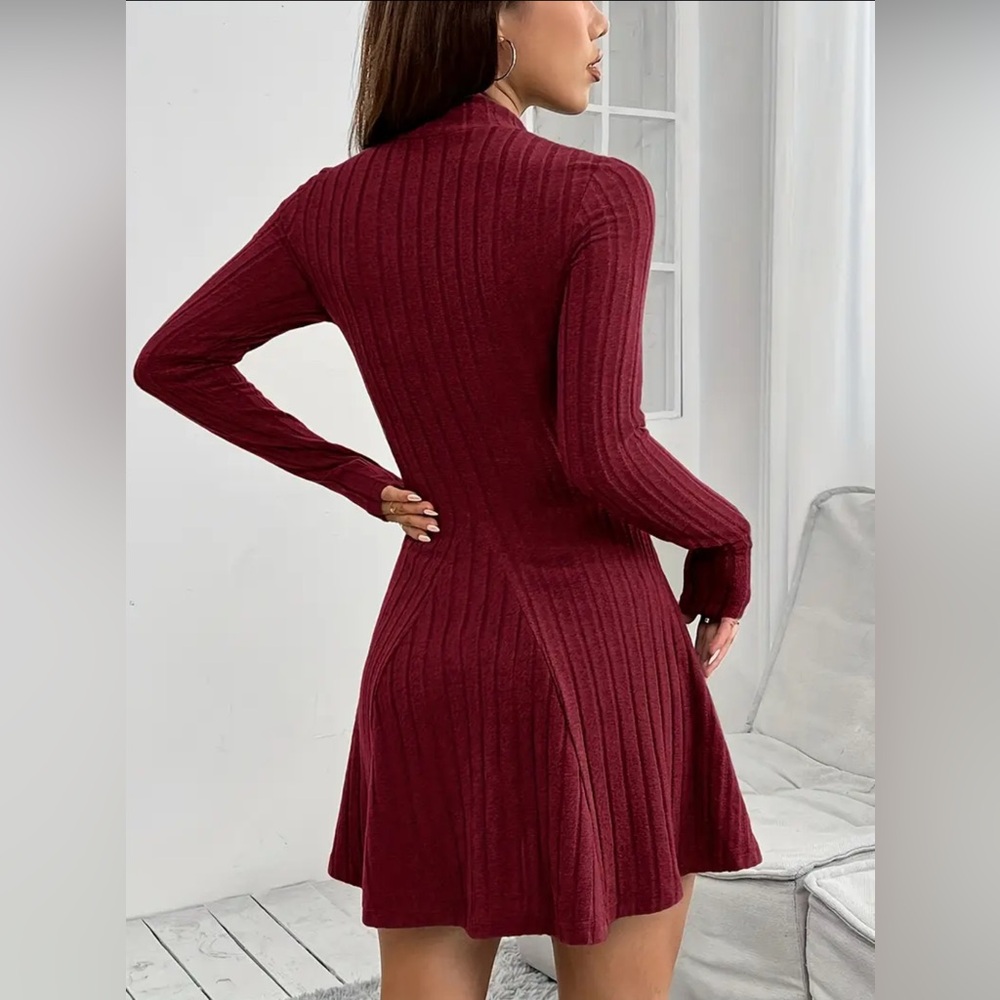 Elegant Burgundy Ribbed Knit Dress New Boutique - Picture 3 of 4